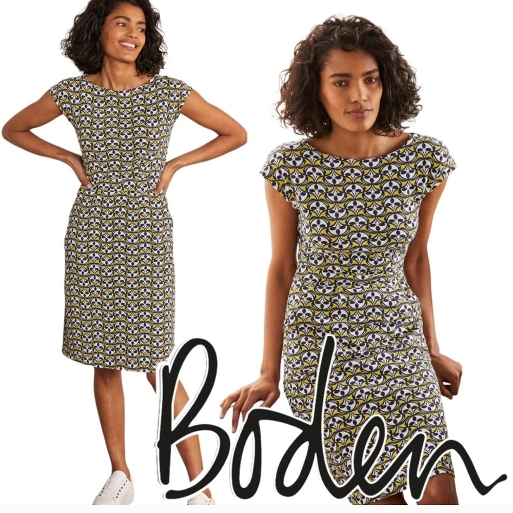Boden Women's Florrie Dress with Chartruse and Navy Pattern Jersey Dress Euc!